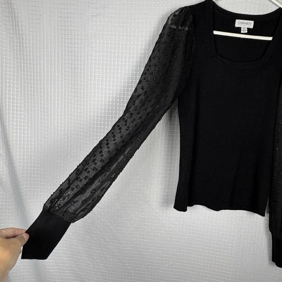 Carmen Marc Valvo Black Sheer Sleeve Top‎ Size Medium Office Career Dressy - Picture 3 of 9